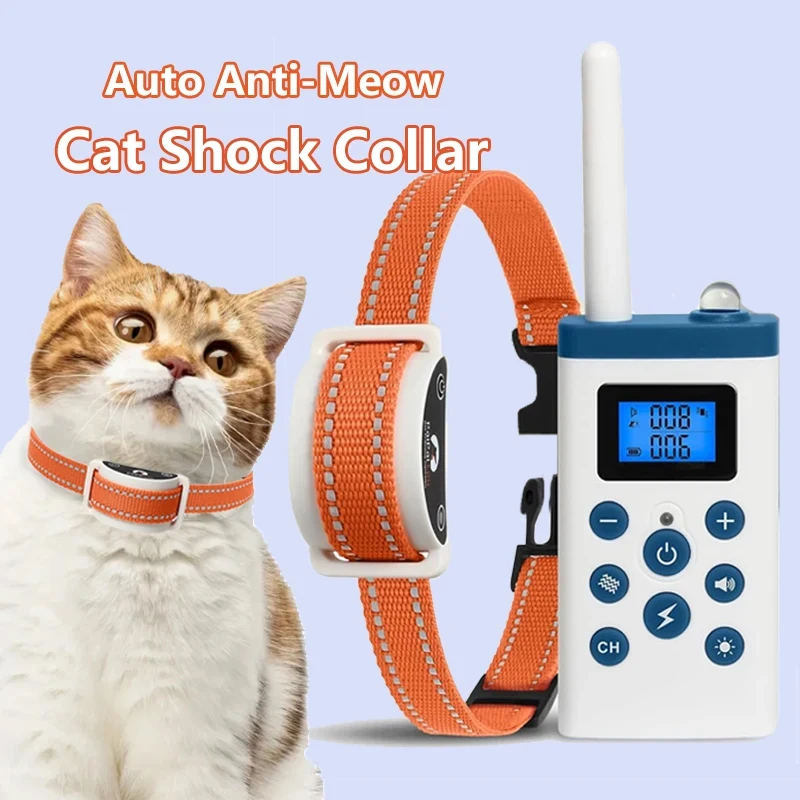 

New Cat Shock Collar with Remote, Cat Training Collar with Auto Anti-Meow, Beep, Vibration, Safety Shock 4 Modes for Cats