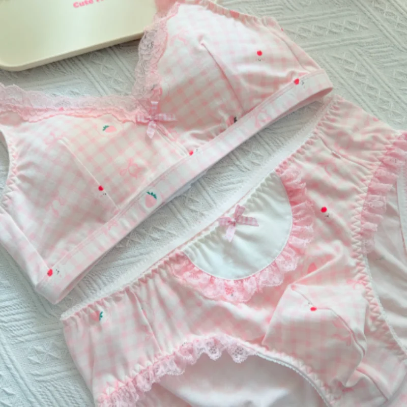 Japanese Bras Briefs Men's Sexy Underwear Set Cross-dressing Cute Pink Plaid Lace Strawberry Print Bra Panties Lingerie Set