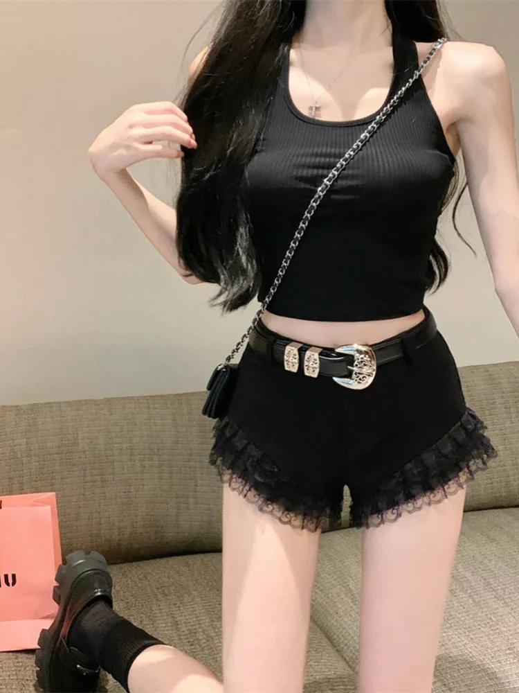 2024 New Summer Women's Shorts Personalized Multi Layered Lace With Belt Decoration Black Short Pants Female