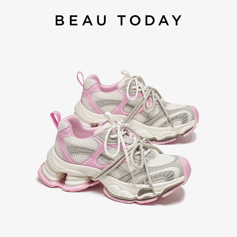 

BEAUTODAY Chunky Sneakers Women Synthetic Leather Mesh Mixed Color Round Toe Lace-Up Sports Trainer Ladies Shoes Handmade 29A51