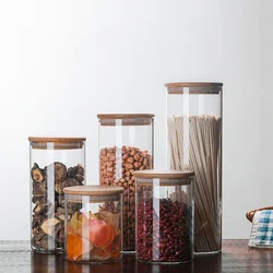 300ml Clear Glass Jar Sealed Canister Food Storage Container for Kitchen Loose Tea Coffee Bean Sugar Salt with Bamboo Lid