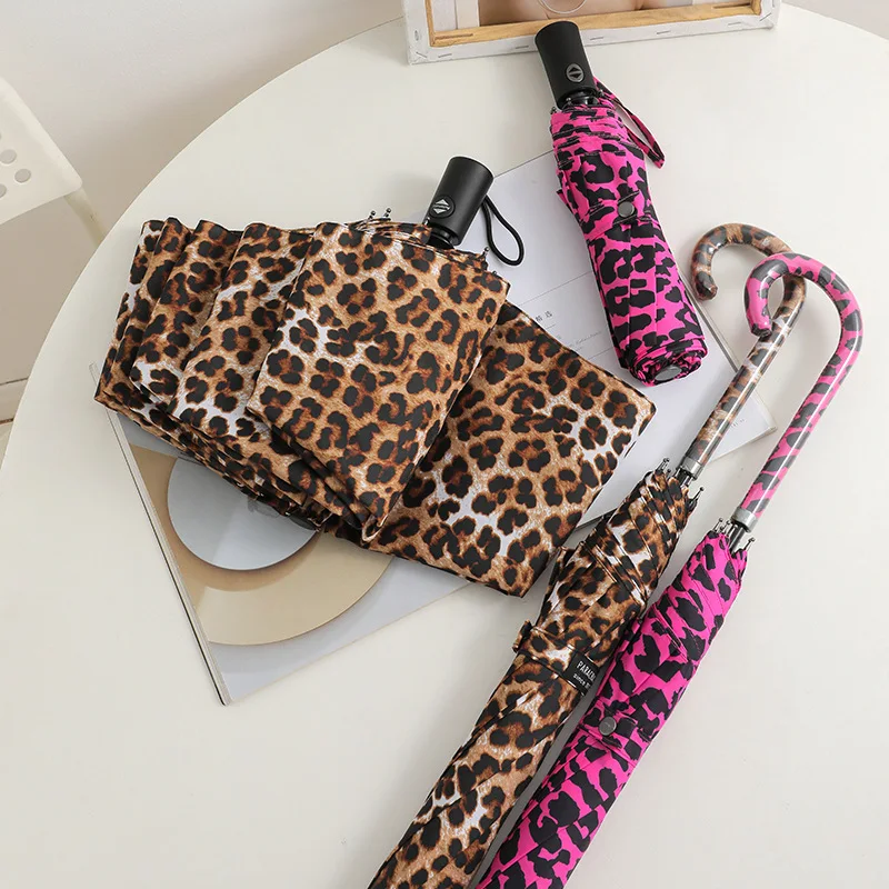 Leopard print automatic weather umbrella. Fashion sexy umbrella. Triple folding goddess umbrella. High density percussion cloth