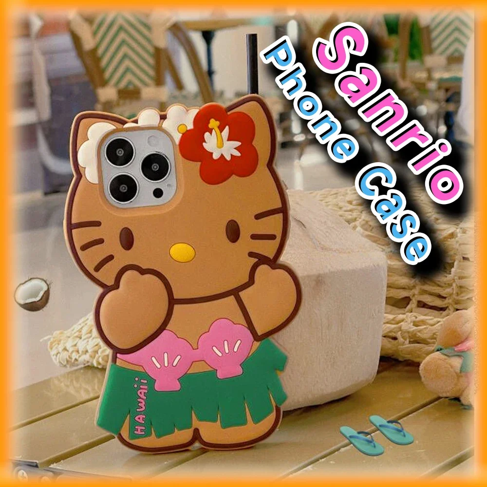 

Hawaii Tan Hello Kitty Bikini Silicone Phone Case Sanrio Anime 3D Protective Cover for IPhone 11 12 13 14 15 16 Pro Max Plus