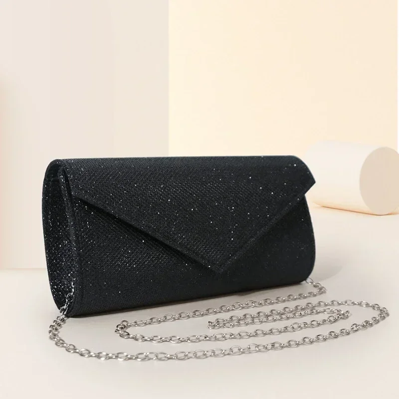 Women Envelope Evening Bag Glitter Ladies Chain Shoulder Bags Shiny Silver Long Purse Female Wedding Party Clutches Mini Handbag