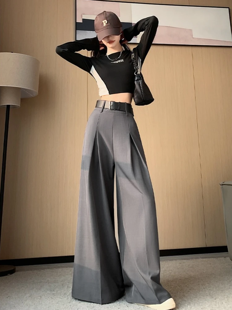 Geavanceerde pakbroek dames in de herfst, losse hoge taille en hangende sensatie, verlengde vloerlengte, casual broek met wijde pijpen