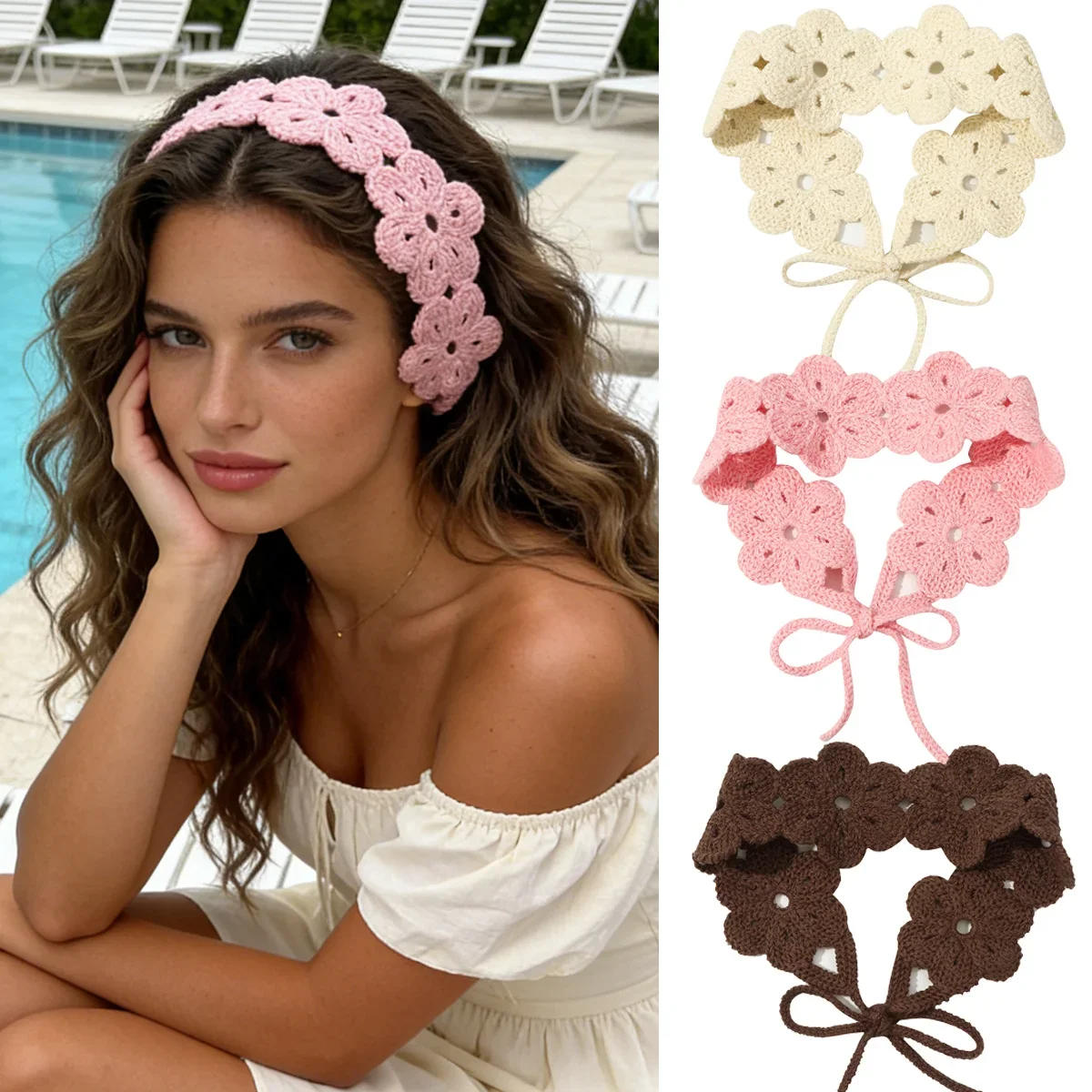

Women Boho Solid Color Crochet Flower Headband Soft Knit Hairband Fashion Hair Accessory Valentine's Day Gift for Girlfriend