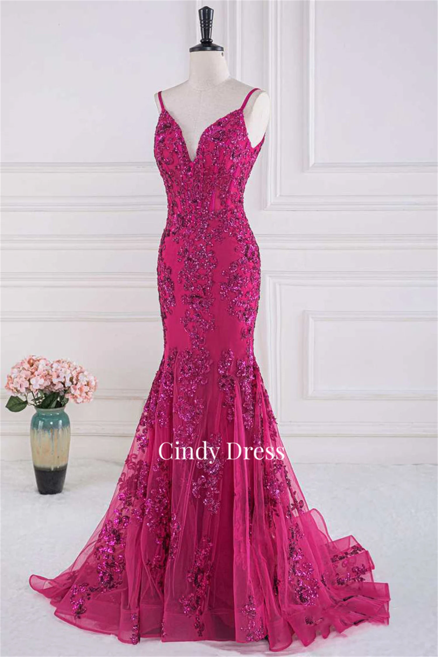 Rose Red Mermaid V-neck Shiny Sequins Lace Elegant Dresses for Women Evening Gown Ladies Customized Party Formal Occasion Luxury