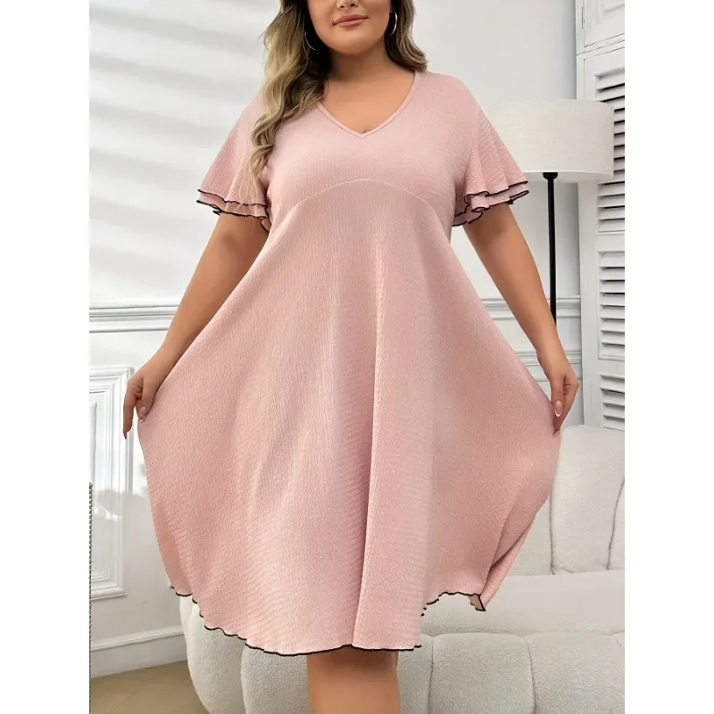 

Plus Size 1XL-5XL New Women's New Fashionable Petal Sleeve Solid Color Casual and Comfortable Long Sleeved Dress