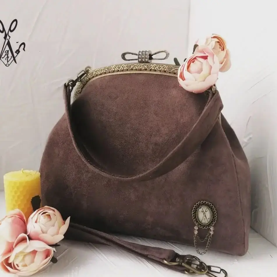 

Lost In Vintage Soild Velvet Fabric Coffee Brown Big Purse with a Gold Metal Brooch Kiss Lock Frame Evening Clutch 24x20x10cm