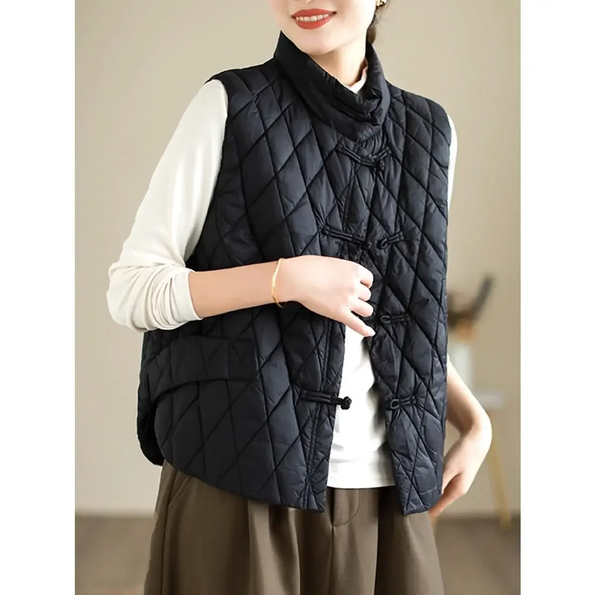 Autumn Winter Cotton-padded Jacket Sleeveless Puffer Jacket Women Cardigan Vintage Vest Women Clothing Single-breasted Warm Tops