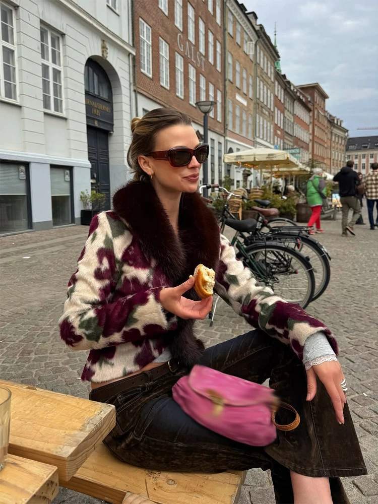 Women Chic Floral Faux Fur Coat Button Down Fur Collar Long Sleeve Cropped Cozy Jacket Spring Autumn Street Fashion Outwears