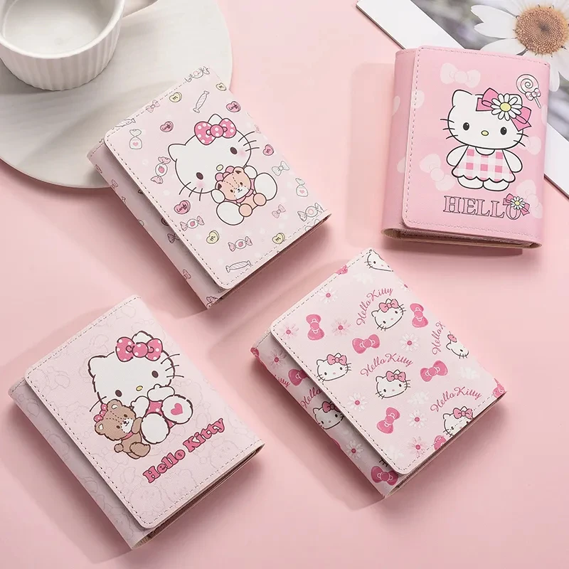 

Girl Pink Hello Kitty Wallet Cartoon Cute PU Three Fold Leather Bag Girl Velcro Zero Wallet Women's Gift Paper Money Wallet