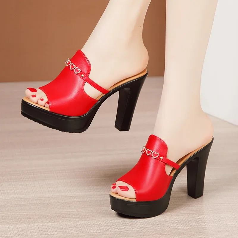 10cm Small Size 32-43 Block High Heels Shoes Heart Pleated Leather Platform Shoes 2025 Summer Womens Slides for Office Model