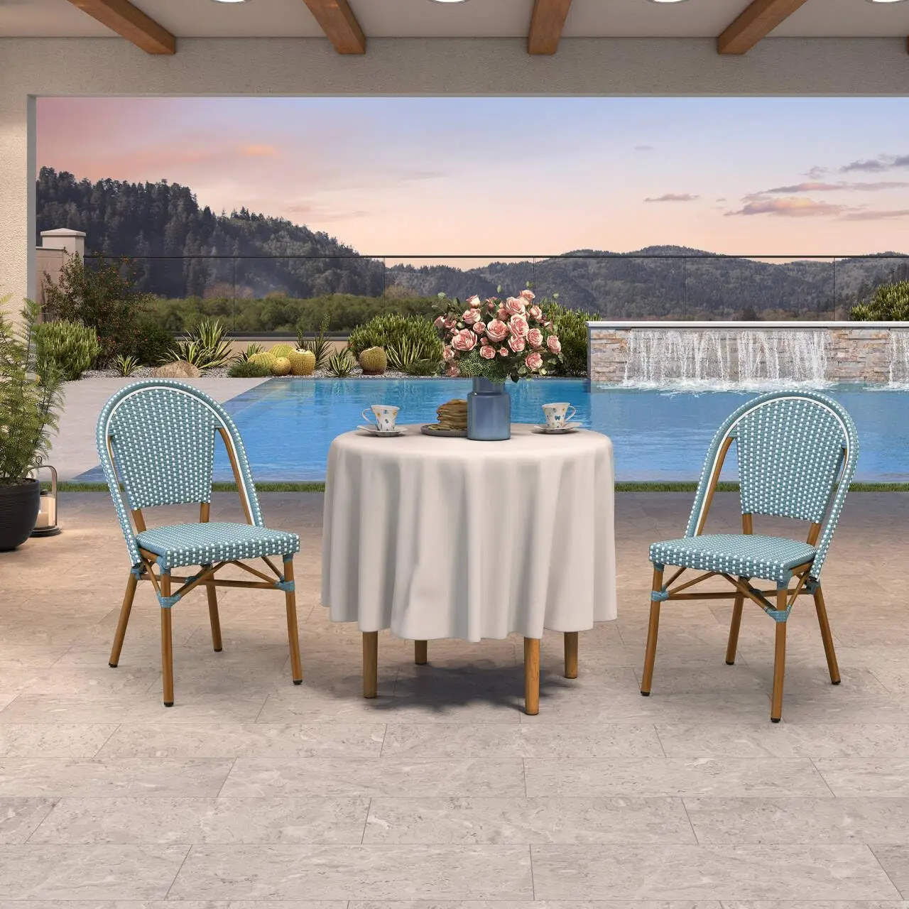 

Patio Dining Chairs Set of 2 Outdoor French Aluminium Chairs in Bamboo Finish Woven PE Rattan for Indoor Kitchen, Customized