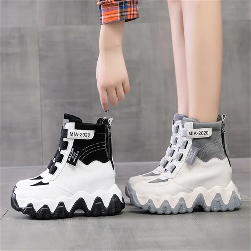 Women Chunky Boots Autumn Leather Hidden Heels Women Sneaker Spring 6cm High Heels Fashion Black Boots Platform Ankle Boots New