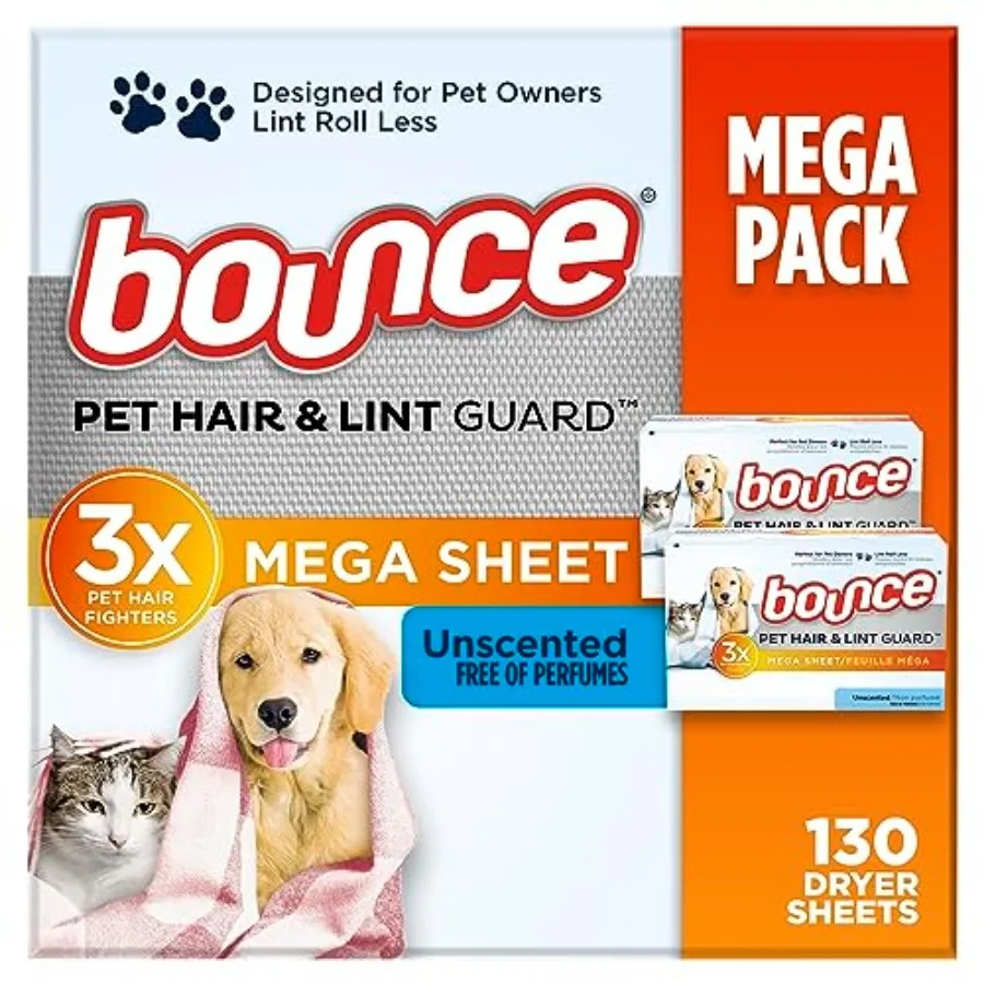 

Bounce Pet Hair and Lint Guard Mega Dryer Sheets with 3X Pet Hair Fighters, Unscented, 130 Count