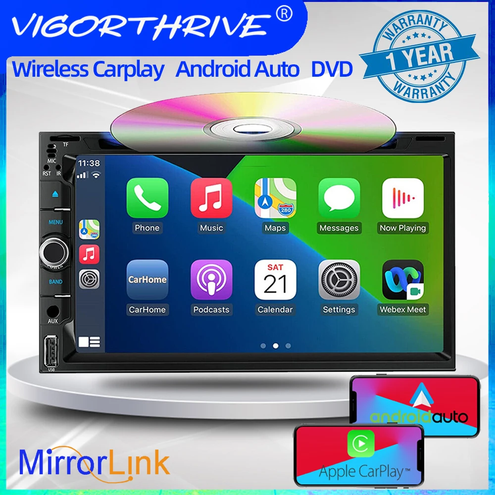 Car Multimedia Player MirrorLink Bluetooth 5.1 Stereo Receiver AM/FM 9.5 Inch 2 Din AUX Input CD/DVD with CarPlay & Android Auto