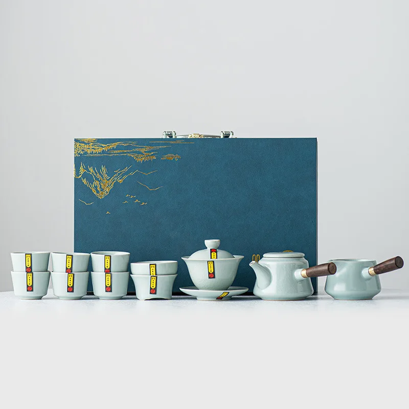 for Home Use, Brewing Gaiwan, Side Handle Teapot, Kung Fu Tea Set, Ru Kiln Crackle Glaze Ceramic Gift