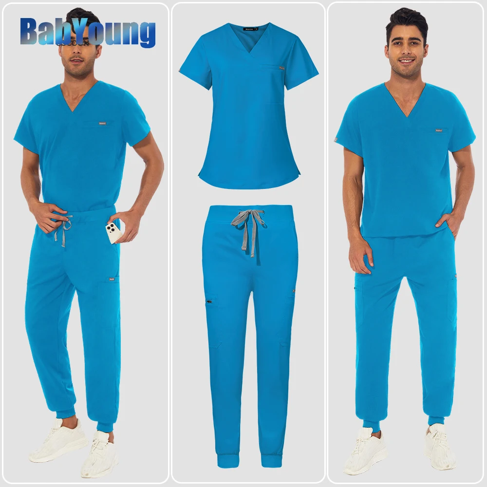 Unisex Scrub Suits Solid Color Uniform For Men Woman Medical Suit Beauty Salon Hospital Doctor V-neck Pocket Groomer Workwear