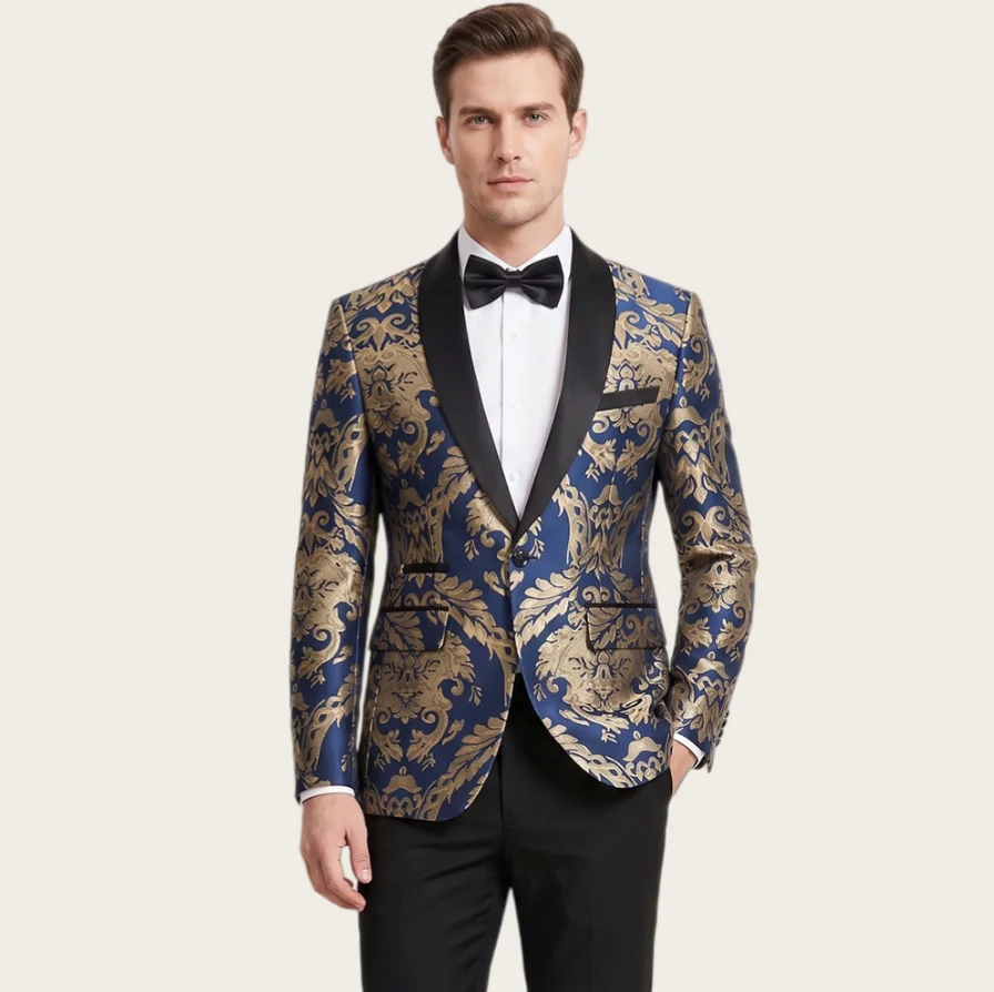 Luxurious Men Suits Navy Blue Gold Jacquard Tuxedo Jacket Shawl Lapel Dinner Blazer Black Pants 2 Pcs Formal Wedding Party Suit