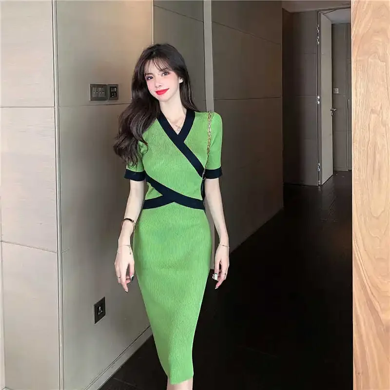 

Women Clothing Summer Patchwork Elegant Chic Dresses V Neck Short Sleeve Bodycon Ribbed Knitted Dress Vestidos Y2k Dress Trendy