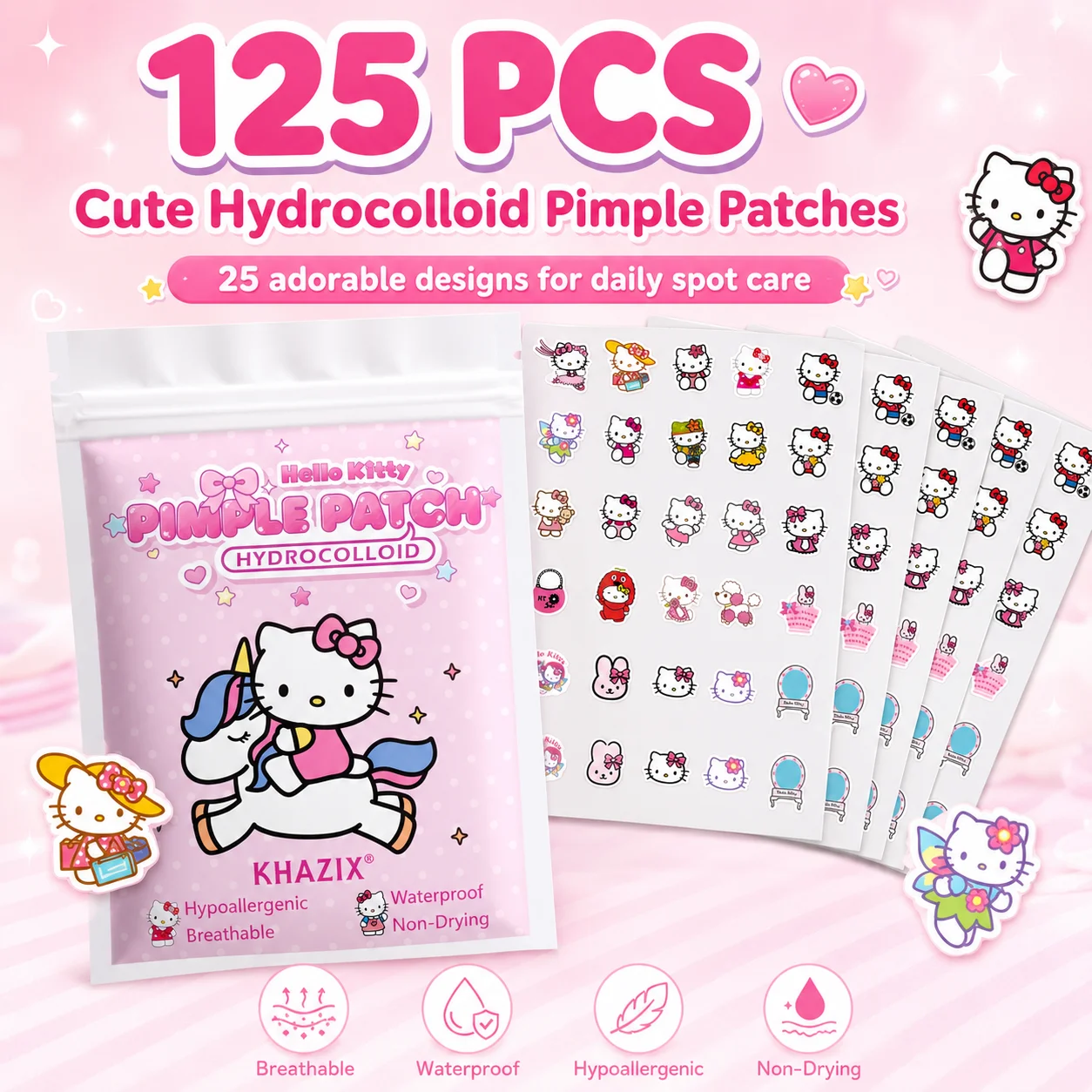 25pcs/125pcs Hello Kitty Pimple Patches Hydrocolloid Acne Spot Stickers, Cute Cartoon Blemish Cover Patches for Face, Waterproof