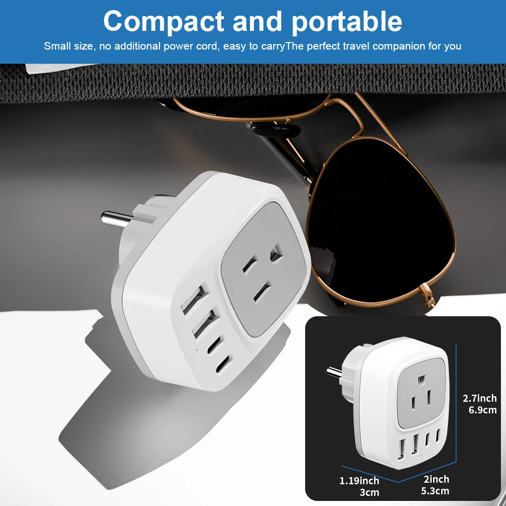 PUJIMAX 5 in 1 EU Travel Plug Travel Adapter Socket with 1 AC Outlet and 4 USB Charging Ports Wall Outlet Power Strip For Traver