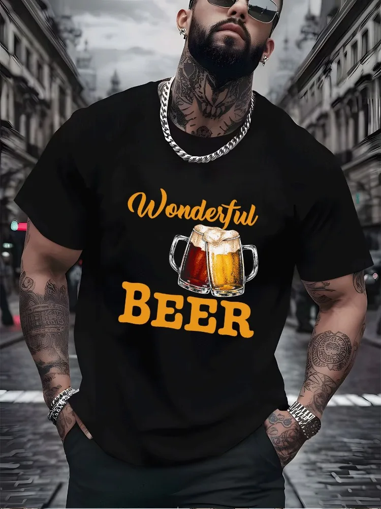 Mens Summer Crew Neck Short Sleeve T Shirt Wonderful Beer Mugs Print White Tee Casual Bar Party Loose Daily Street Fashion Top