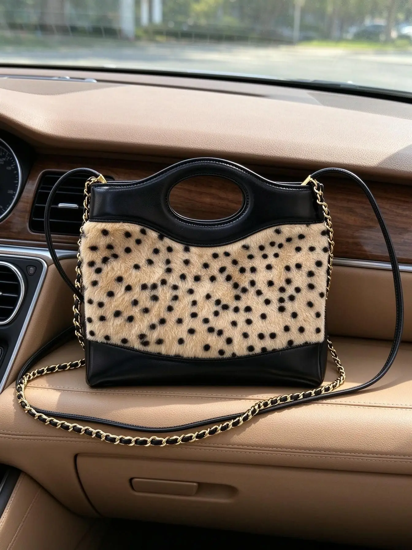 Unisex Polka Dot Furry Tote Bag Spliced Leather Top Handle Handbag Interwoven Chain Crossbody Shoulder Bag