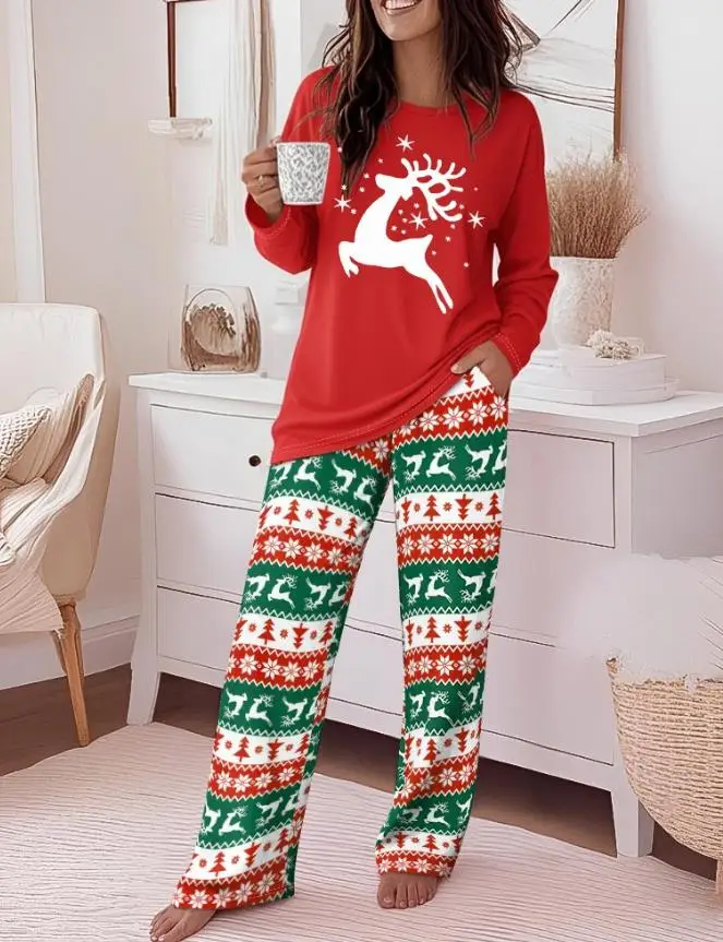 2 ピース衣装 トナカイプリント長袖ドロップショルダートップとクリスマスプリントカラーブロック弾性ウエストパンツセットパジャマセット