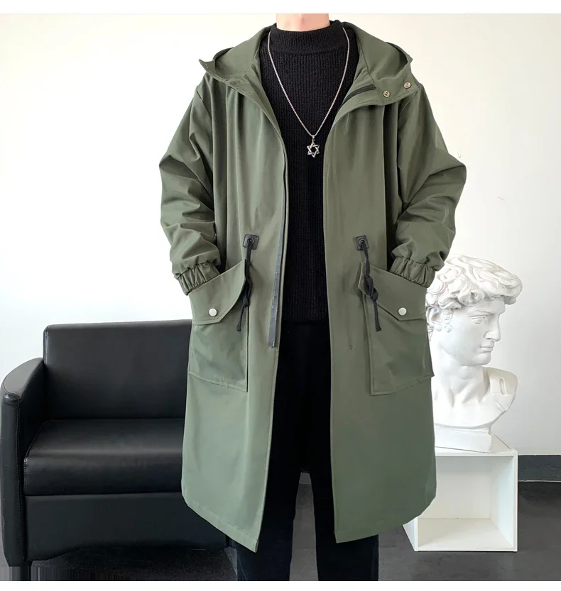 Trenchcoat Herren Neue Mode Armeegrüner Überzieher Männer Casual Windbreaker Einfarbiger Langer Mantel Herren Herbst Homme Schwarz/Khaki/Armeegrün – Detail 9