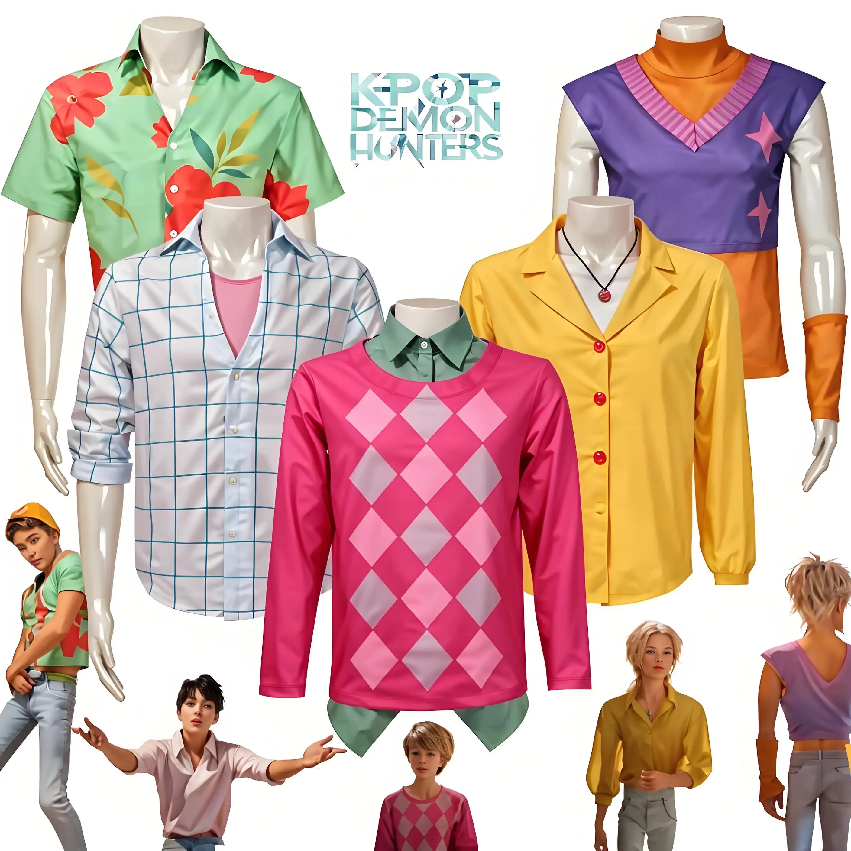 

Anime Demon Hunters Group Colorful Cosplay Costume For Men Women K-Pop Shirt Halloween Party Daily Casual Clothing