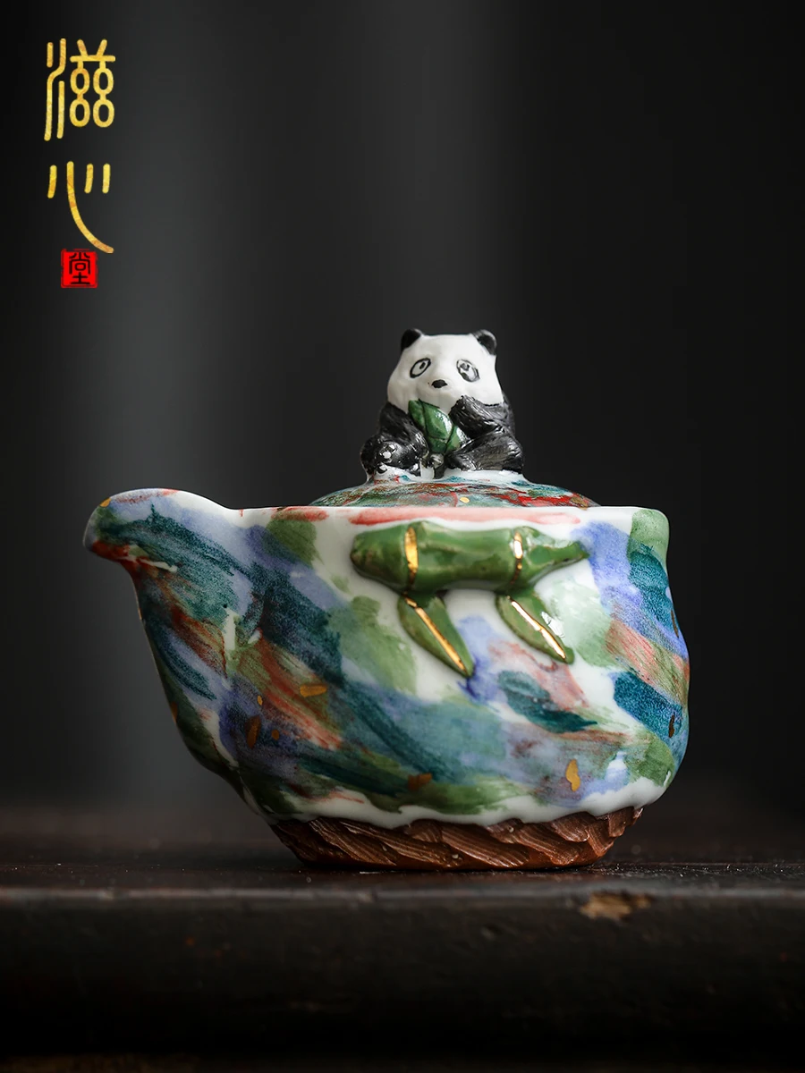 High-End Rock Mine Wild Burning Panda Hand-Held Teapot Ceramic Handmade Home Single Tea Drinking Making Aquarius Pot