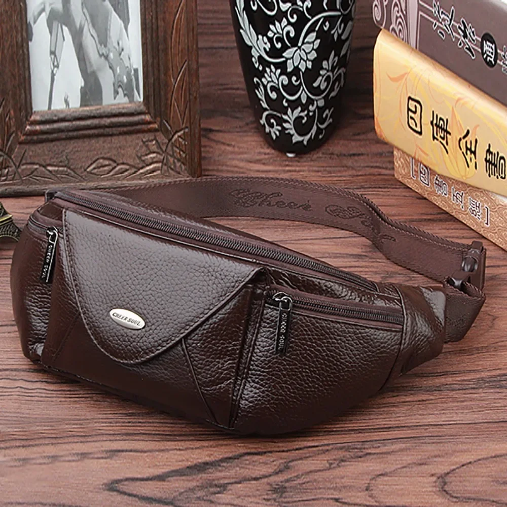 Genuine Leather Men Fanny Waist Pack Sling Chest Bag Fashion Cell/Mobile Phone Case Travel Male Real Cowhide Purse Hip Belt Bag