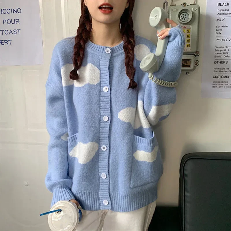 Sweet Clouds Sweater Coat Women Preppy Style Button Long Sleeve Knitted Cardigans Woman 2024 Autumn Winter O-Neck Loose Cardigan