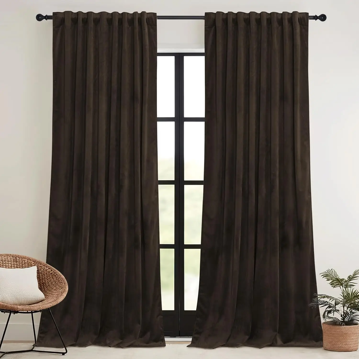 Brown 2-Panel 84-Inch Velvet Blackout Curtains, 52 × 84 Inches, Hook-Belt Header, Thermal-Insulated Room-Darkening Drapes for Bedrooms & Home Theaters