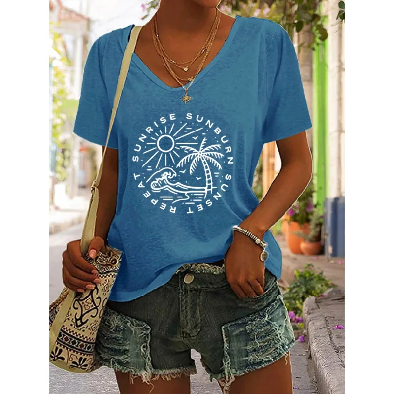 Istile Damen-T-Shirts, T-Shirts mit Urlaubsdruck, Sommerkleidung, kurzärmelige, lässige Oberteile, Damenbekleidung, blaue T-Shirts, Neu eingetroffen