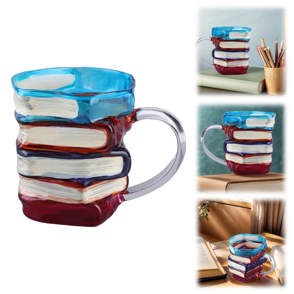 

3D Colored Book Glass Cup Novelty Book Stack Coffee Mug Decorative Creative Coffee Cup for Literature Lovers