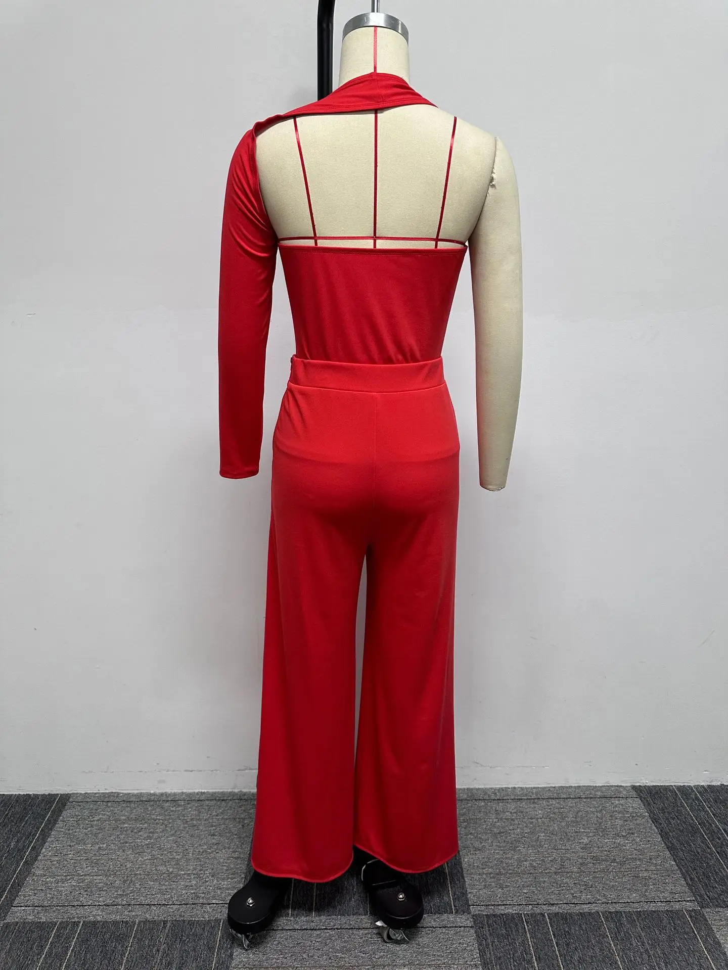 Sexy One Shoulder Two Piece Party Set Asymmetrical Bodycon Tops And Wide Leg Pants High Waist Night Club Outfits Matching Sets