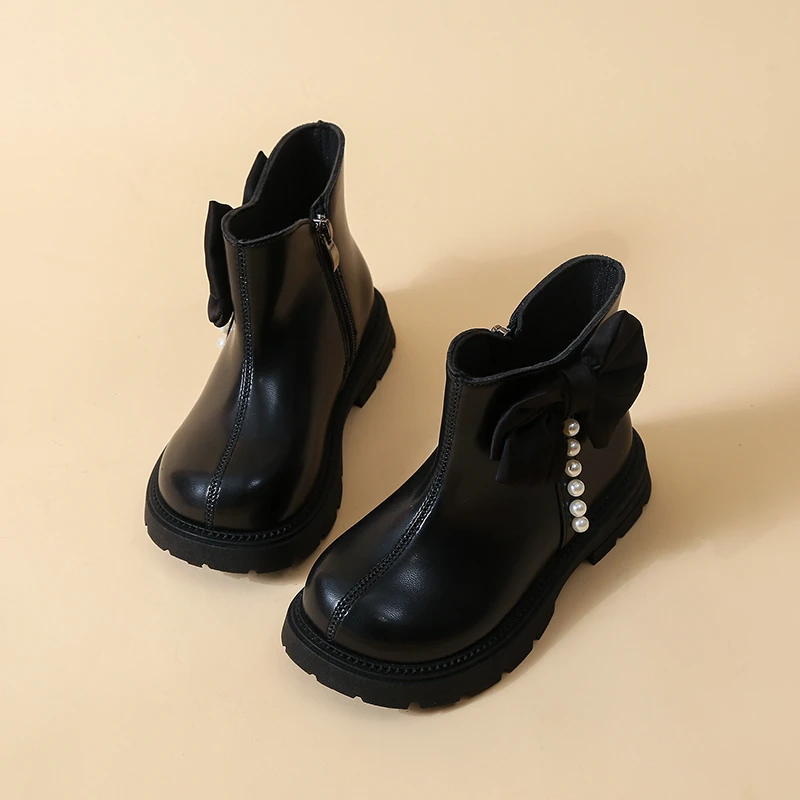 Little Girls Side Bowknot Ankle Boots 2026 New Autumn Toddler Chunky Leather Boots Non-slip Classic Princess School Party Boots