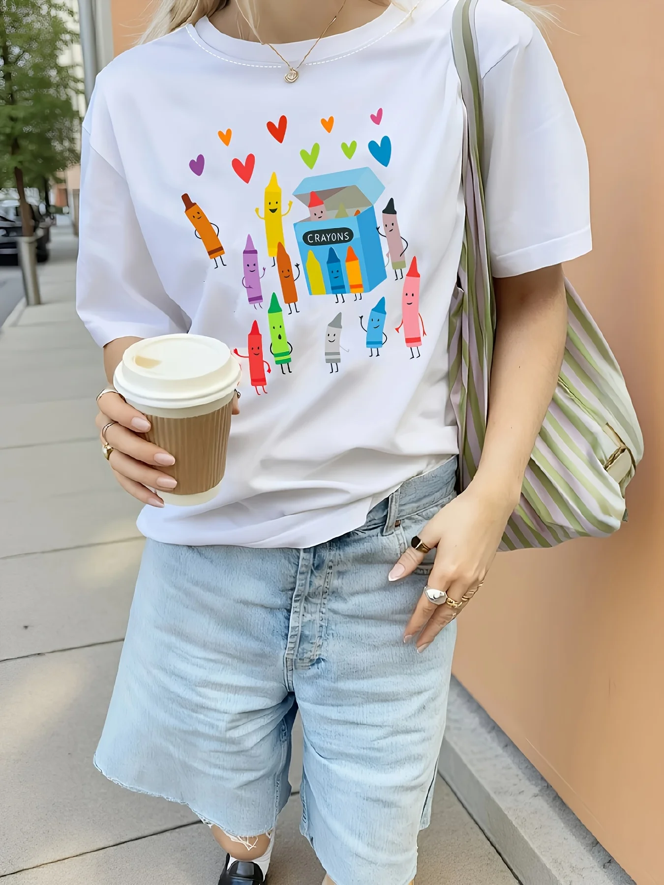 Women'S Crew Neck Short Sleeve T-Shirt With Crayon Drawing Print | Casual, Slight Stretch Fabric, Ideal For Spring/Summer