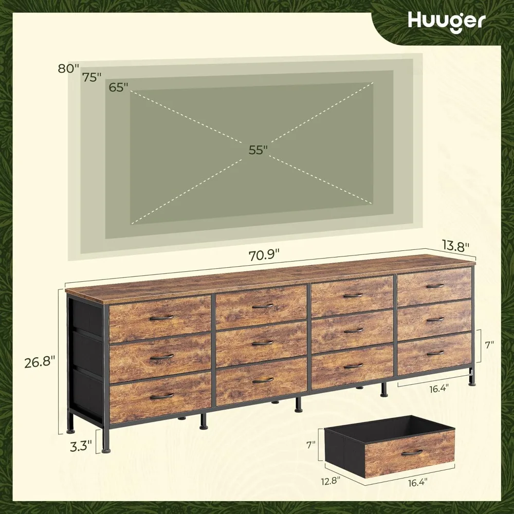 Huuger cômoda de 70 polegadas para quarto, suporte de TV para TV de 65, 75, 80 polegadas, cômoda longa com 12 gavetas de tecido, grande centro de entretenimento f