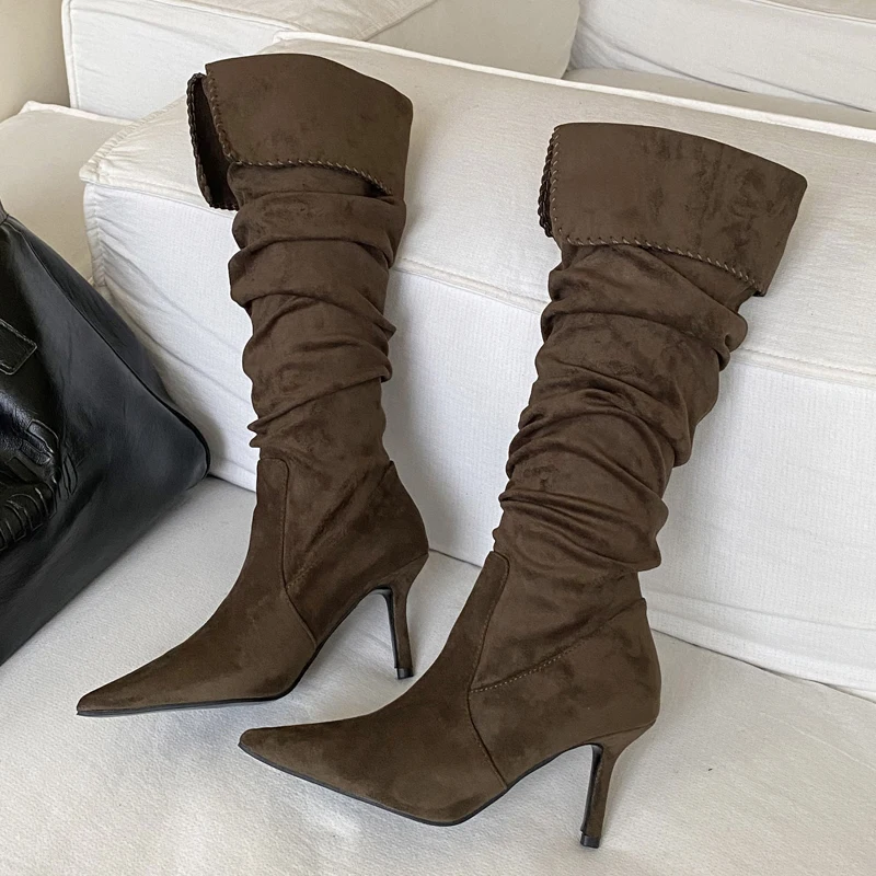 

Eilyken пикантные женские сапоги до колена на тонком высоком каблуке с острым носком, дизайнерские зимние плиссированные туфли с отвернутым верхом, обувь для банкета и выпускного вечера