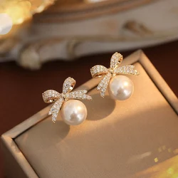 2 Women's Silver Needle Bow Studded With Diamond Pearl Earrings, Fashionable And Niche Design, High-end And Refreshing Earrings