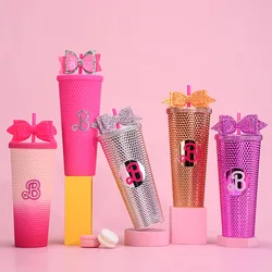 Barbie Princess Party Diamond Durian Cup With Glitter Bow Plastic Straw Insulated Water Bottle Bling Pink Tumbler For Girl Gifts