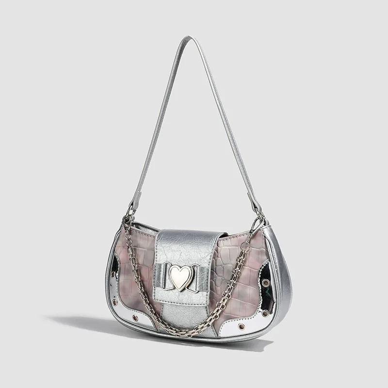 Nowa torba damska Sweet Cool Heart Metal Rivet Decoration Przenośna torba na ramię Wzór skóry węża Gothic Punk Style Handbag