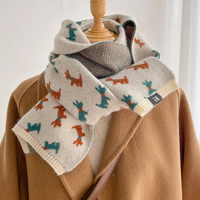 Autumn Winter Fashion Animal Dog Jacquard Knitted Scarf Soft Warm Ladies Long Plain Neckerchief