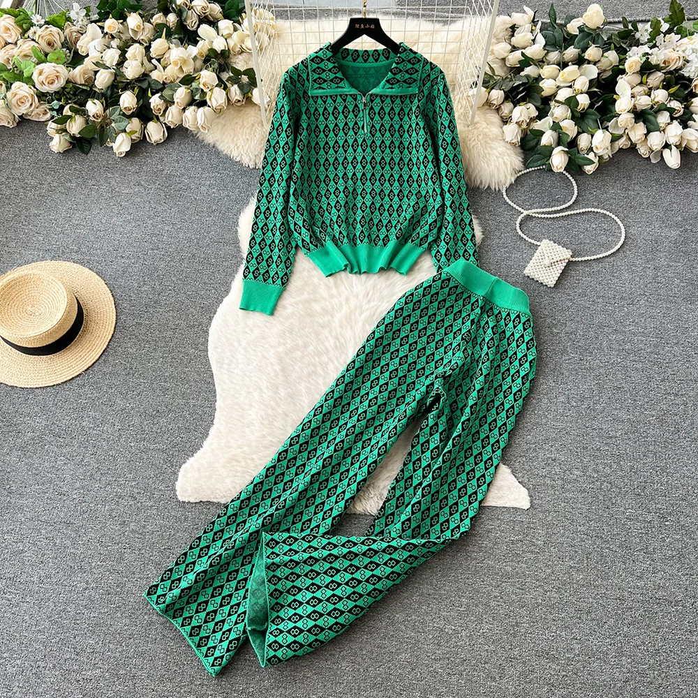 

Croysier Winter Vintage Knitted Matching Sets 2023 Pant Sets Women Lapel Pullover Sweater And Wide Leg Trousers Two Piece Set