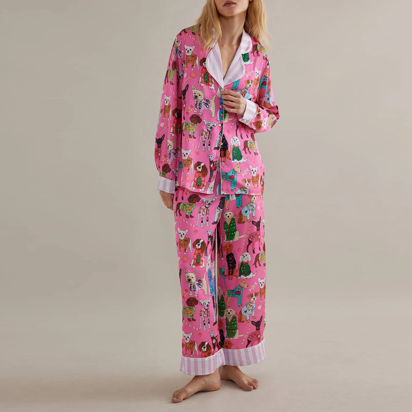 Women Pajama Set Food Animal Print Long Sleeve Button Closure Tops with Pants Sleepwear Loungewear