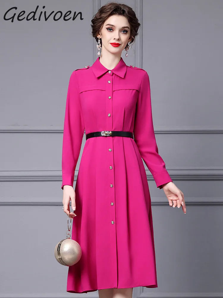 Gedivoen Autumn Fashion Designer Rose Red Vintage Party Dress Women Lantern Sleeve Button Sashes Gathered Waist Slim Long Dress